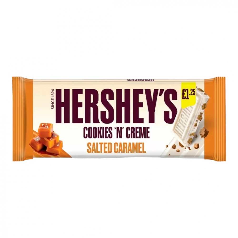 Nyt den uimotståelige smaken av Hershey's Salted Caramel, en himmelsk blanding av søt karamell og salt, som vil glede dine smaksløker med hver bit.