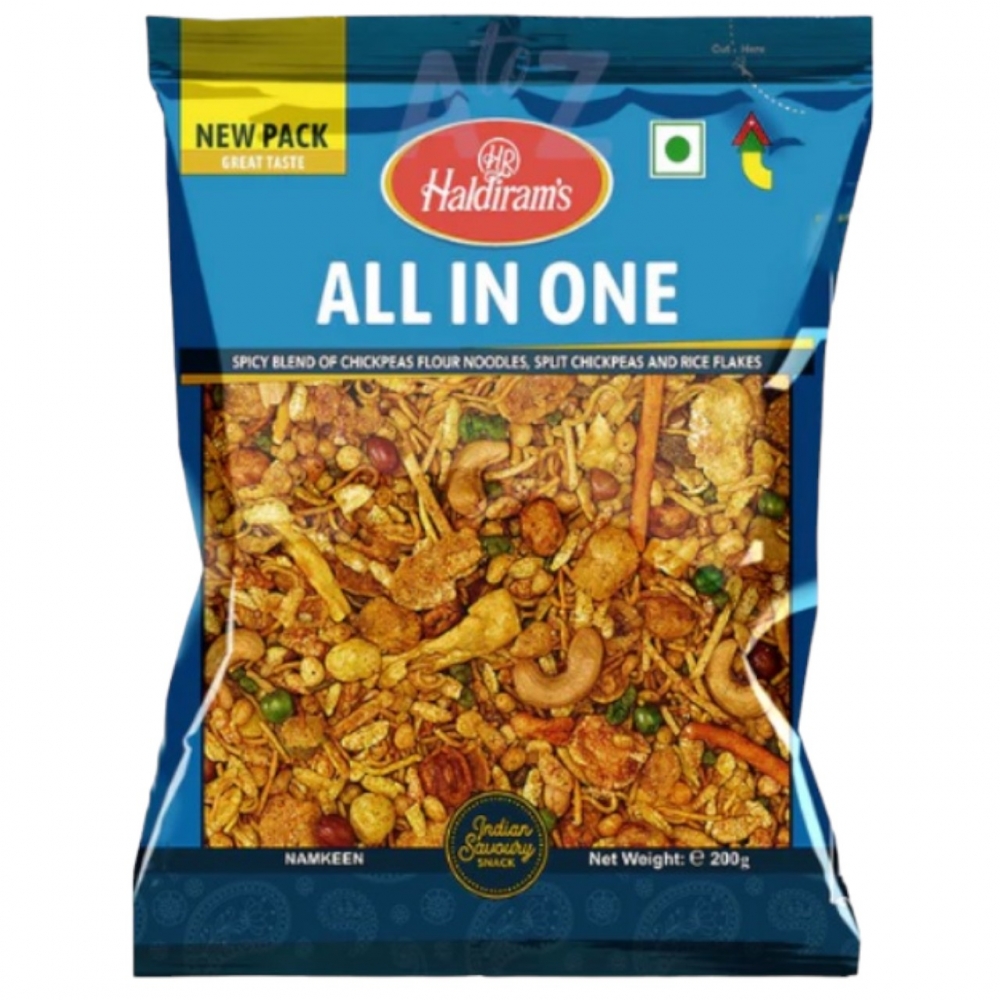 Haldirams All in One er en smakfull og variert indisk snacksblanding, perfekt for de som ønsker å nyte forskjellige smaker i én bit.