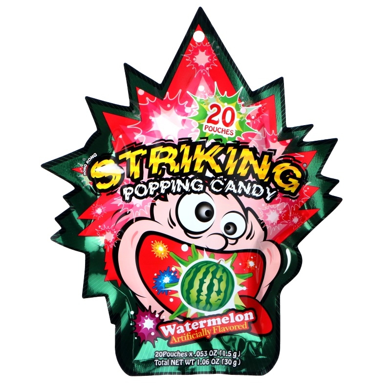 Opplev den spennende smaken av Striking Popping Candy Watermelon, hvor hver bit vil gi deg en brusende og eksploderende opplevelse i munnen.