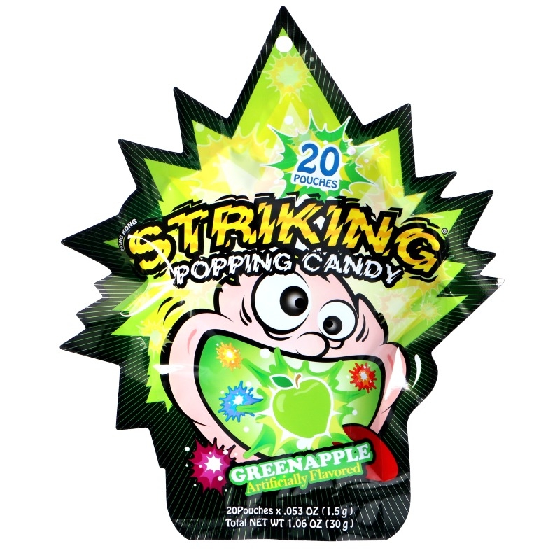 Opplev den eksotiske smaken av Striking Popping Candy Green Apple, hvor hver bit vil gi deg en brusende og smaksrik opplevelse som danser på tungen.