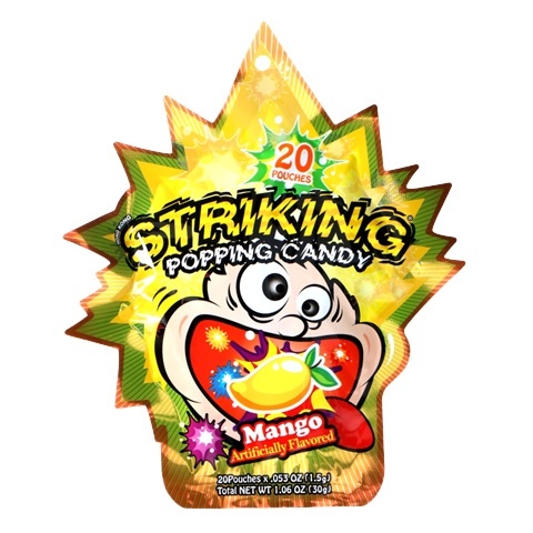 Opplev den eksotiske smaken av Striking Popping Candy Mango, hvor hver bit vil gi deg en brusende og smaksrik opplevelse som danser på tungen.