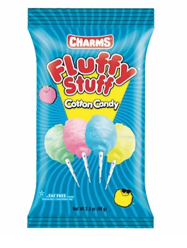 Charms Fluffy Stuff Cotton Candy-posene er fylt med myke, revbare bomullsdottballer. Smaker inkluderer jordbær, sitron, bringebær og lime. En enda enklere måte å nyte den nyskapende tivoli-godbiten på, perfekt for deling.