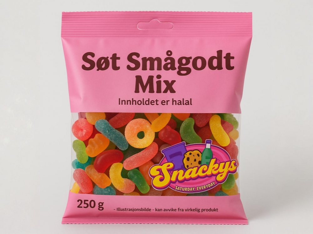Søt Smågodt Mix 250g – en liten pose med søte favoritter, perfekt for små søtsug. Enkel å ta med på farten eller som en rask snacks.